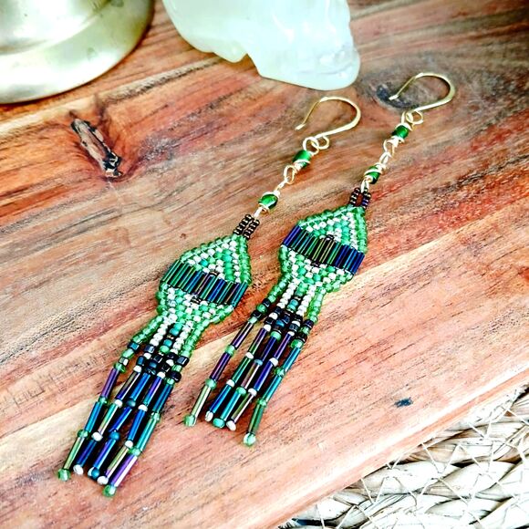 Boho Chic Beaded Cascade Fringe Dangle Earrings, Seed Bead Jewelry, 5" - Picture 2 of 8